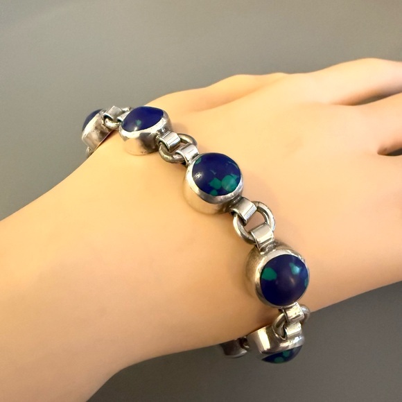Taxco Silver Bracelet with Blue and Green Accents - Picture 4 of 9
